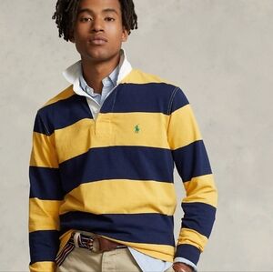 Vintage Polo by Ralph Lauren Men's Striped Cotton Rugby Shirt - Navy and Gold